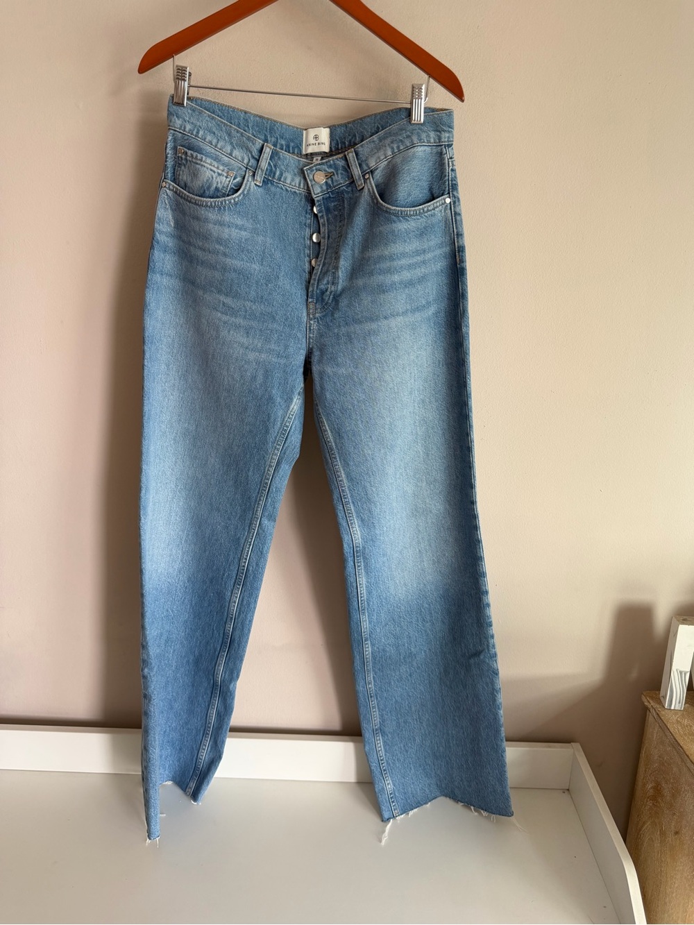 Anine Bing Women Blue High Waisted Wide Leg Raw Hem Button Fly Jeans Size 30
